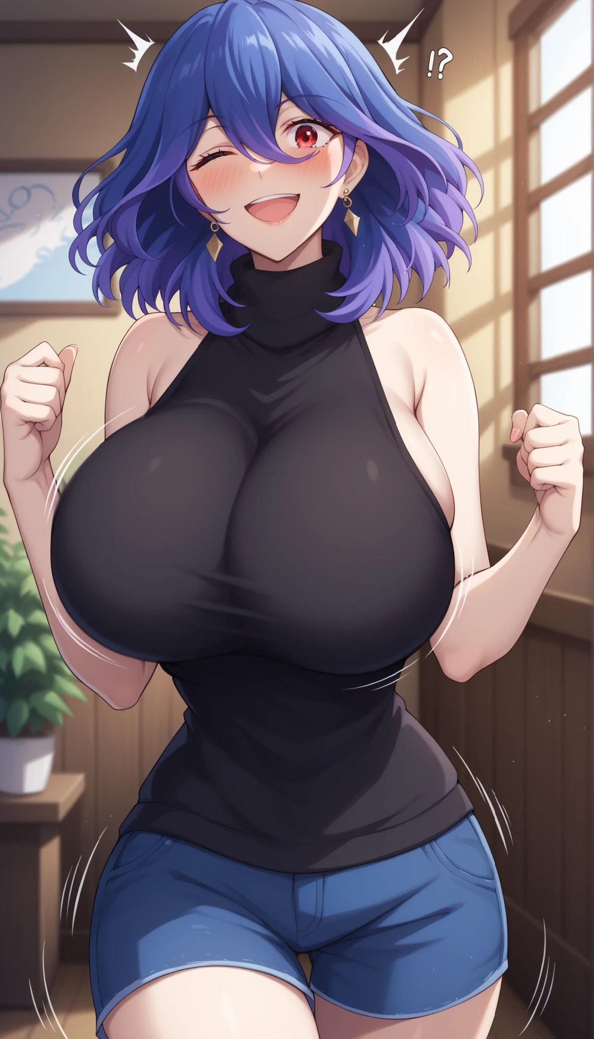 score_9, score_8_up, score_7_up, score_6_up, score_5_up, score_4_up
vermeil, vermeil, red eyes, hair between eyes, blue hair, purple hair, multicolored hair, medium hair,
sweater, bare shoulders, sleeveless, turtleneck, black sweater, thighs,
indoors, bent , smile,
looking at viewer, 1girl solo, ,,,,,,, earrings big breasts huge breasts , locking at viewer , shiroshisu style ,,,,,   motion lines, ?!, bursting breasts, cowboy shot, flying button, open mouth, wardrobe malfunction, button gap, cleavage, shirt, blush, indoors, one eye closed, popped button, bra peek, motion blur, surprised