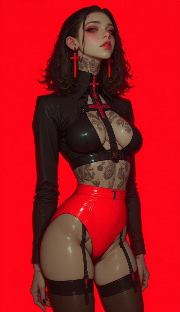 beautiful woman, red mesh bodysuit, cleavage, navel, antenna