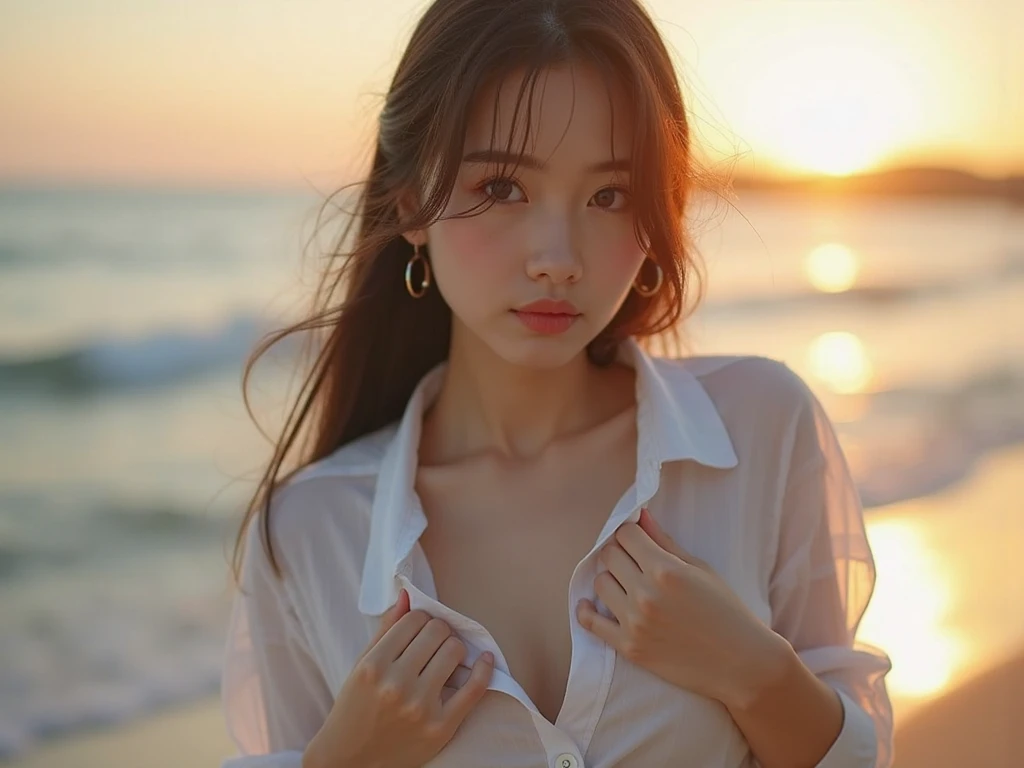 (best quality,4k,8k,highres,masterpiece:1.2), ultra-detailed, realistic, photorealistic:1.37, beautiful detailed eyes, beautiful detailed lips, joyful expression, extremely detailed face, long eyelashes, intimate view, slender, soft lighting, vibrant colors, sensual atmosphere, intimate moment, timid expression, perky, ponytail hairstyle, black hair, blue eyes, flawless skin texture, gentle breeze, slight smile, oversized t-shirt, on a beach, sunset
