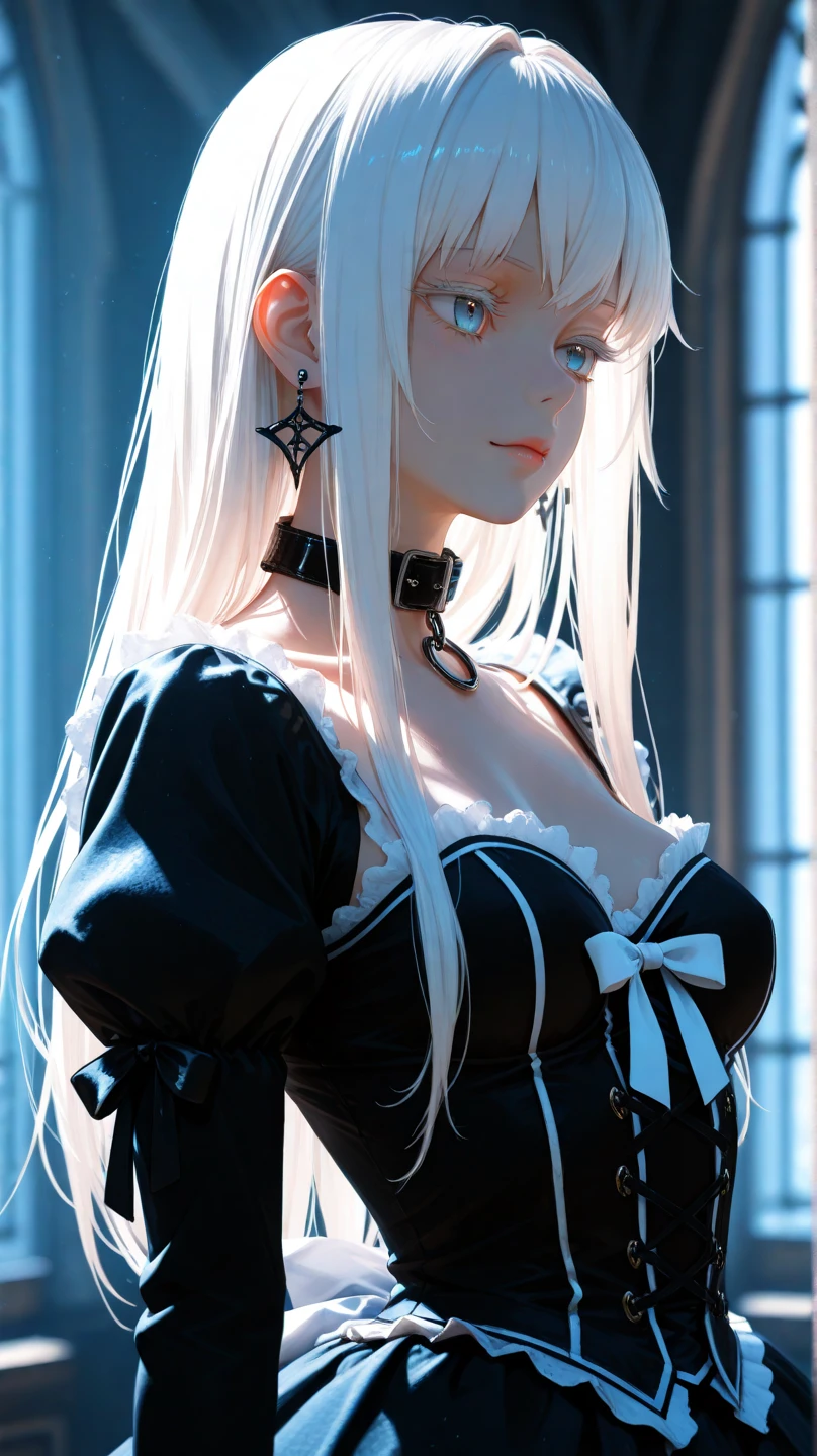 (best quality), 1girl, female, pale skin, white hair, long hair, swept bangs, straight hair, blue eyes, perfect eyes, , slender, flat chest, shy, lolita clothes, masterpiece, anatomically correct, highres