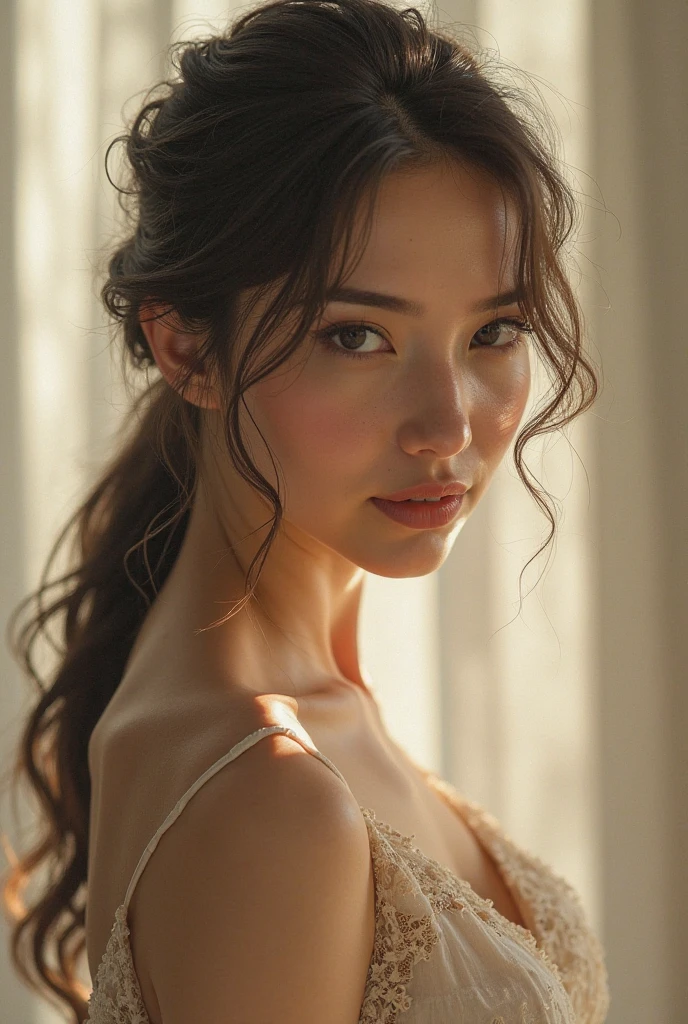 best quality, 8k, high resolution, ultra-detailed, extremely detailed, top quality, realistic, a woman, Incredibly beautiful, hair sways in the gentle breeze, 
