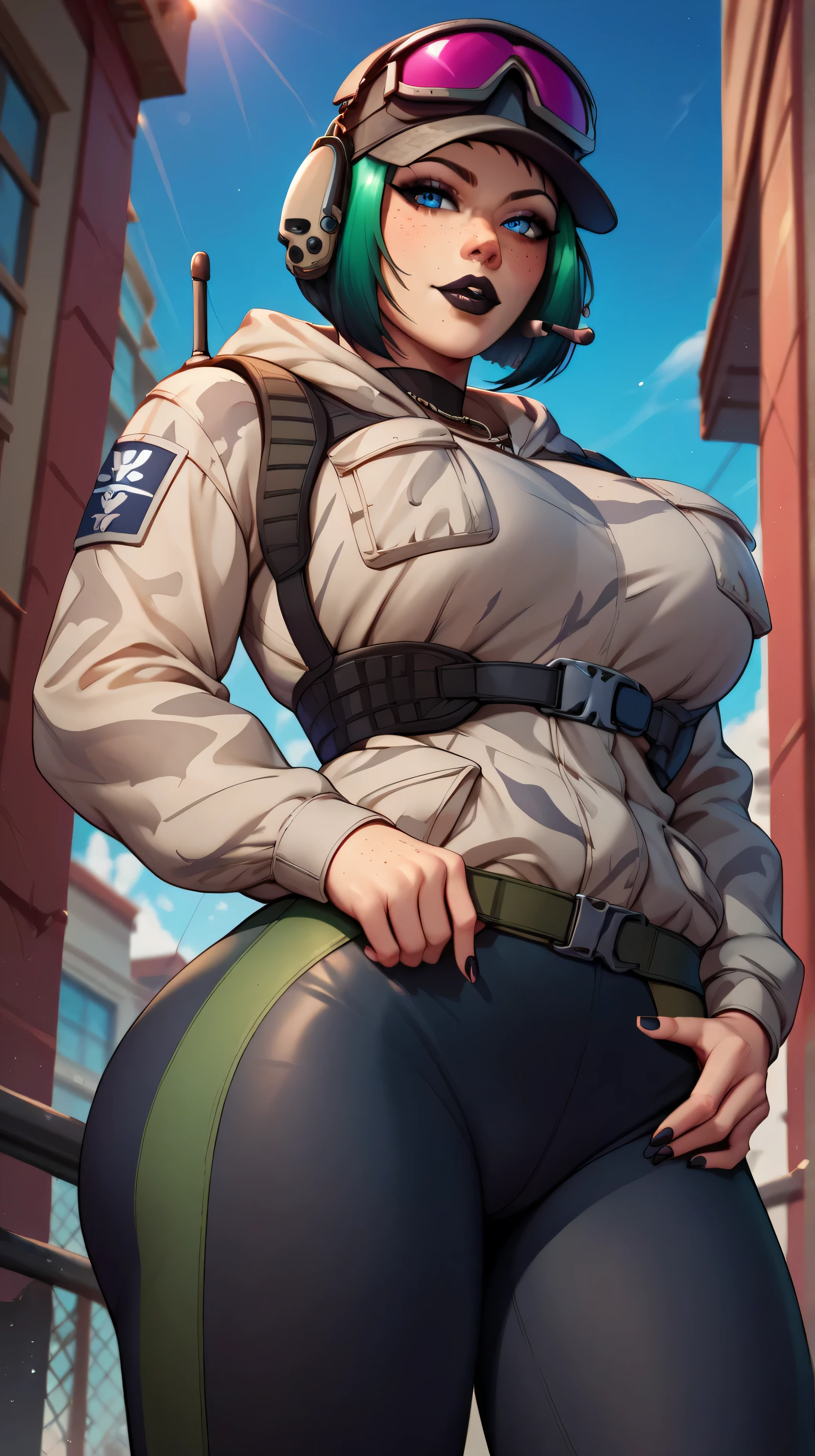 solo 1girls thick figure thick thighs size huge breast hard nipple size fat ass blue eyes tan skin short dark brown messy hair wear fingerless gloves wear short crop top hoodie wear short crop jean ripped wear holster wear black stocking tight outfit holding a rifle on hands wear tactical backpack wear tactical goggle on head huge pregnant belly bursting