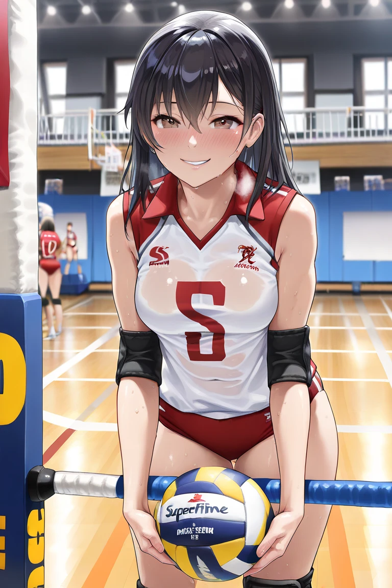 unity 8k wallpaper, anatomically correct, (((masterpiece))), (((best quality))), (((ultra detailed))), (((high-resolution))), ((super fine illustration)), ((Ultimate cutie)), ((detailed beautiful face)), ((perfect hands)), ((perfect finger)), (((good anatomy))), Solo, One girl, , (potbelly), (Curve), medium breasts, ((thick thighs)), Shiny hair, ((evil smile)), (smirk), (blush)), BREAK, Adidas, (((Buruma))), (Sleeveless collared Volleyball Uniforms), head band, ((wristbands)), ((Kneepads)), BREAK, ((Hold a beautiful spherical 6-inch volleyball with both hands)), (leaning forward), ((Sweat)), (perspired), (Heavy breathing), Sense of depth, in gymnasium, Lighting, (Looking down), cowboy shot