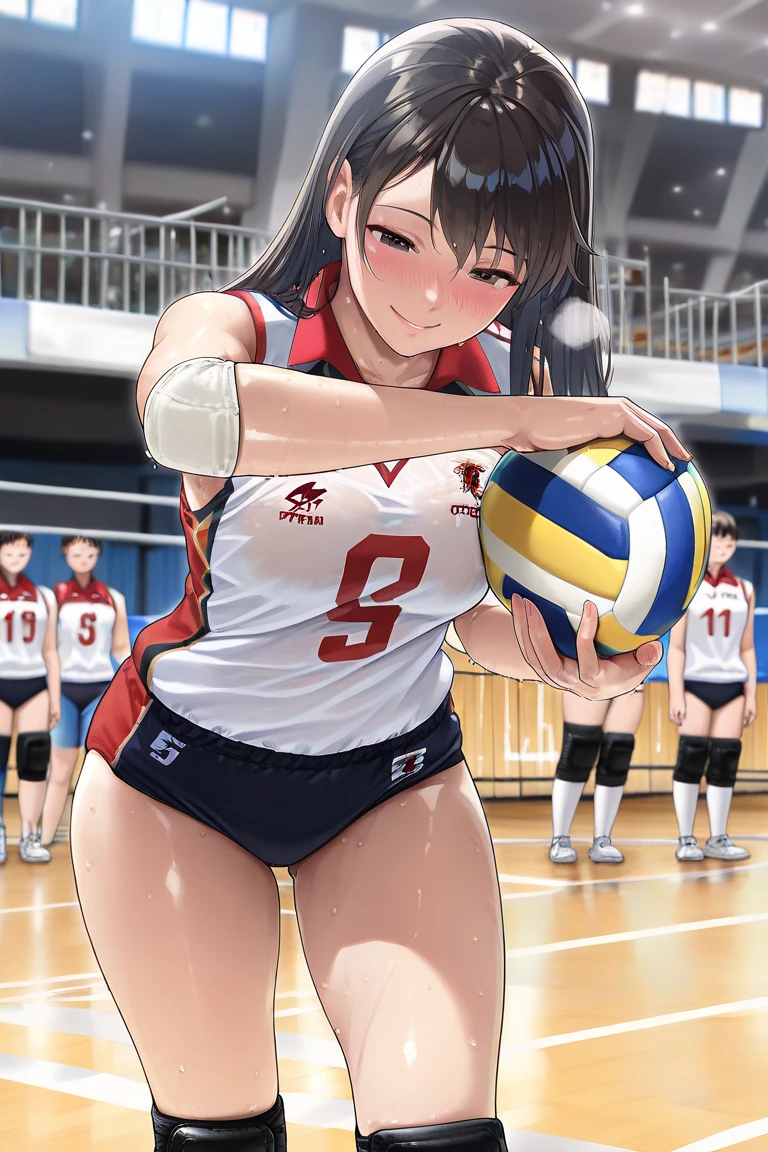 unity 8k wallpaper, anatomically correct, (((masterpiece))), (((best quality))), (((ultra detailed))), (((high-resolution))), ((super fine illustration)), ((Ultimate cutie)), ((detailed beautiful face)), perfect hands, perfect finger, (((good anatomy))), BREAK, multiple girls, lovingly gaze, harem, group picture, , (potbelly), (Curve), medium breasts, ((thick thighs)), Shiny hair, (((coquettish smile))), (((blush))), BREAK, Adidas, Sleeveless collared Volleyball Uniforms, ((wristbands)), BREAK, (Hold the beautiful spherical 6-inch volleyball), ((Sweat)), (perspired), (Heavy breathing), in gymnasium, in volleyball court, depth of field, strong light, cowboy shot,,