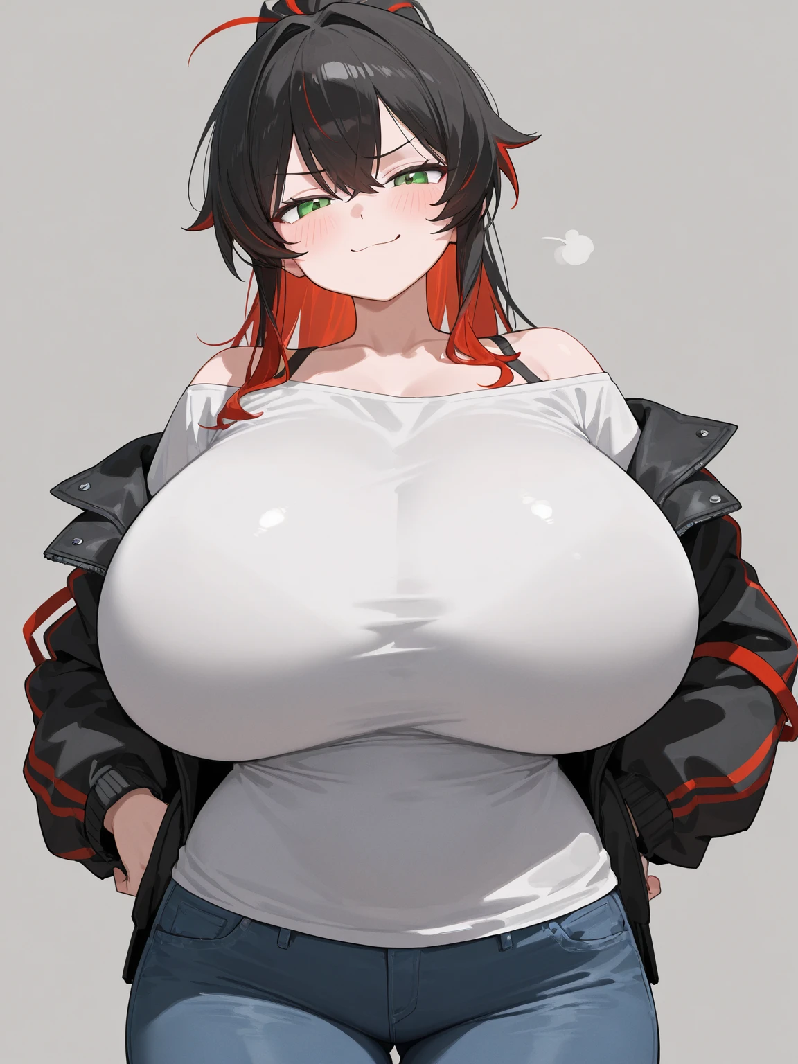 score_9, score_8_up, score_7_up, score_6_up, score_5_up, score_4_up, (source_anime), 1girl, solo, long hair, huge breasts, looking at viewer, smile, bangs, simple background, shirt, black hair, orange eyes, hair between eyes, black shirt, full body, red hair, multicolored hair, grin, huge breasts, two-tone hair, ring, colored inner hair, military uniform
