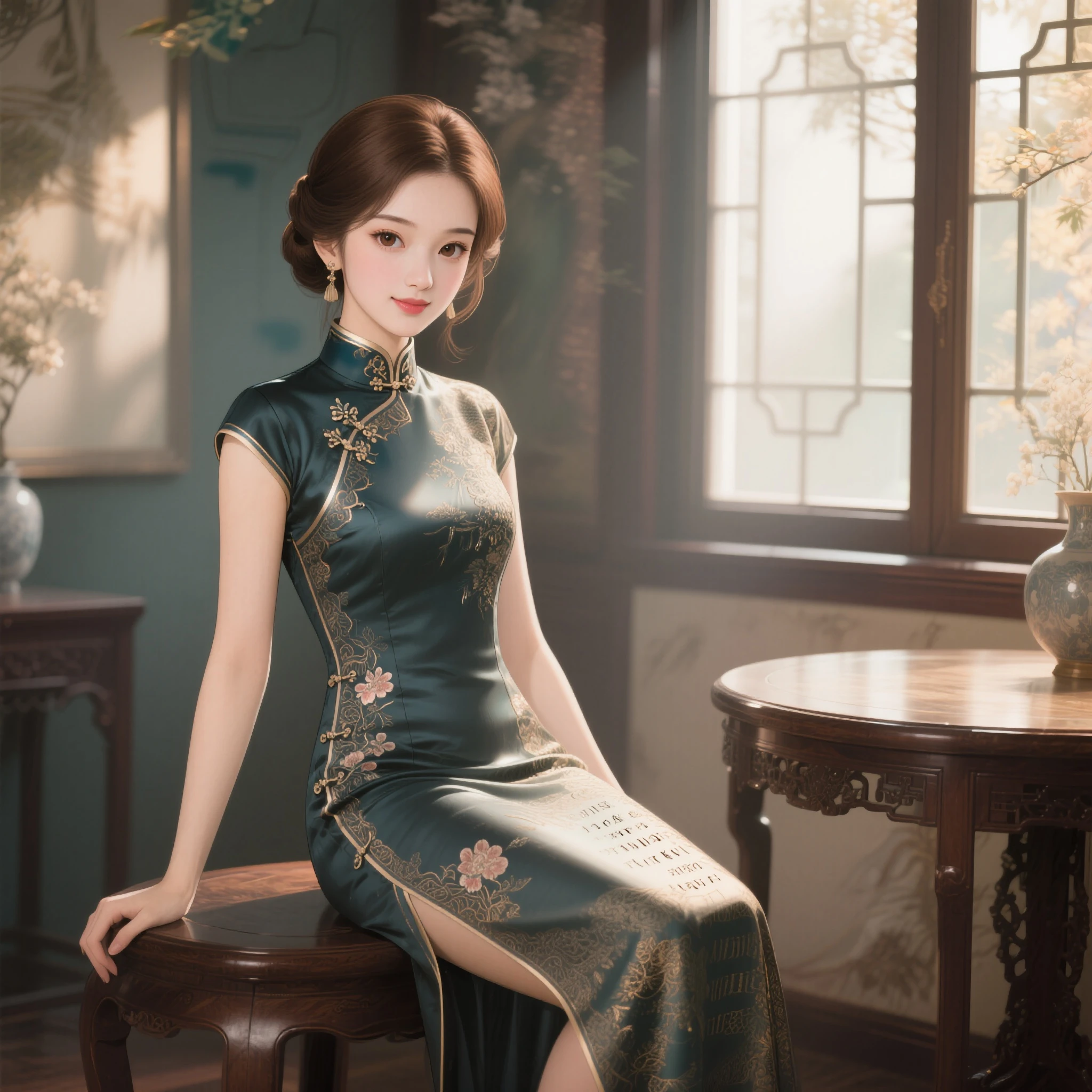 Art  jade doll，
A glossy ceramic figure sits on the sofa, wearing an elegant green cheongsam with colorful patterns and black high heels. The background is in the style of Chinese style, with large windows behind her that illuminate sunlight into the room. She has short hair styled in a retro fashion, exuding confidence as she poses for photos. Her expression reflects elegance and grace. The photo features a focus shot, depth of field, cinematic lighting, and is photorealistic with a full body shot.
