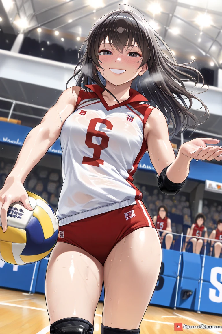 unity 8k wallpaper, anatomically correct, (((masterpiece))), (((best quality))), (((ultra detailed))), (((high-resolution))), ((super fine illustration)), ((Ultimate cutie)), ((detailed beautiful face)), ((perfect hands)), ((perfect finger)), (((good anatomy))), Solo, One girl, 17 years old, (potbelly), (Curve), medium breasts, ((thick thighs)), Shiny hair, ((evil smile)), (smirk), (blush)), BREAK, Adidas, (((Buruma))), (Sleeveless collared Volleyball Uniforms), head band, ((wristbands)), ((Kneepads)), BREAK, ((Hold a beautiful spherical 6-inch volleyball with both hands)), (leaning forward), ((Sweat)), (perspired), (Heavy breathing), Sense of depth, in gymnasium, Lighting, (Looking down), cowboy shot