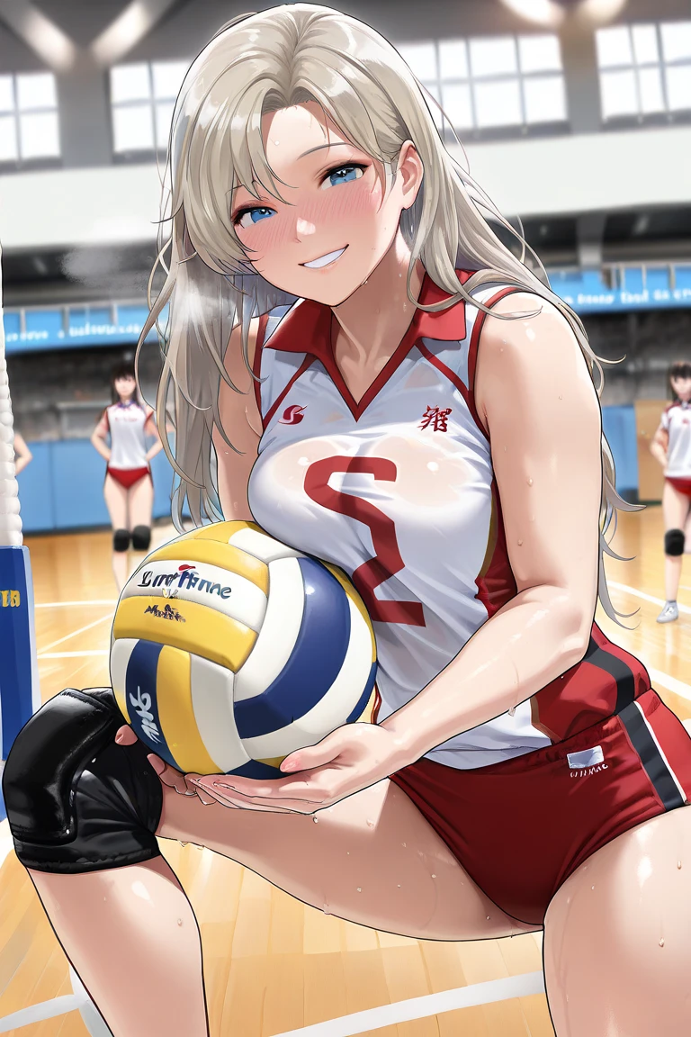 unity 8k wallpaper, anatomically correct, (((masterpiece))), (((best quality))), (((ultra detailed))), (((high-resolution))), ((Ultimate cutie)), perfect hands, perfect finger, (((good anatomy))), detailed beautiful face, shiny hair, (((gyaru))), (potbelly), (curvy), medium breasts, ((Thick thighs)), (((solo))), ((seductive smile)), (((blush))),
BREAK, (((sit astride the perfectly spherical shape 6-inch volleyball))), (((Straddling a perfectly spherical 6" volleyball))), (((Perfectly spherical 6" volleyball fits perfectly crotch))), BREAK, (((Rub the Perfectly spherical 6" volleyball against crotch))),
BREAK, (Collared volleyball uniforms), sleeveless, ((buruma)), ((kneepad)), pussy juice stained, (elbow pad), (((sweat))), (((covered in sweat))), ((deep breathing)), in Volleyball Court, indoor, lighting, looking at viewer, full body, (spoken heart)