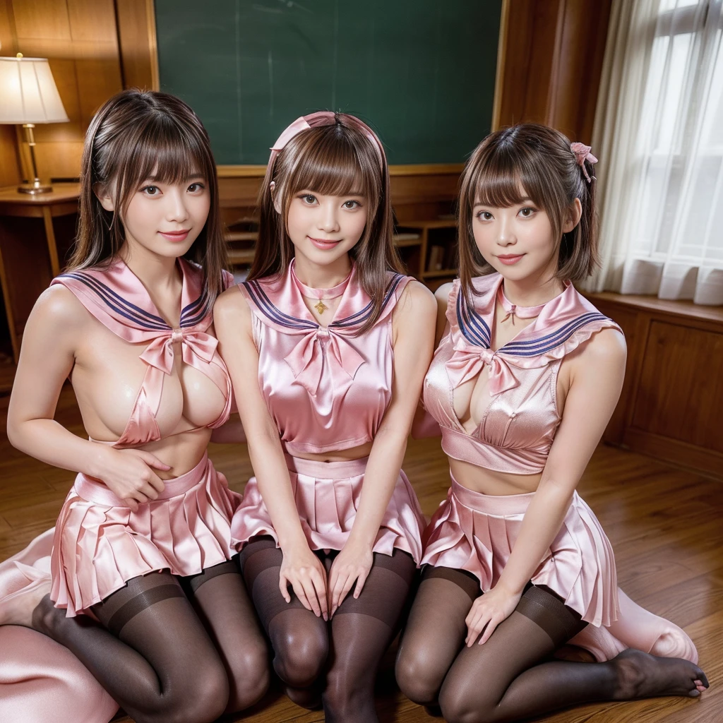 In the school classroom、Three Girls,Japanese,line up,Laughter,Idol,Colorful side tie panties,(Big ample breasts:1.2)、((topless)),Perfect composition、Highest quality、Super detailed、masterpiece、Realistic、short hair,(White knee-high stockings)