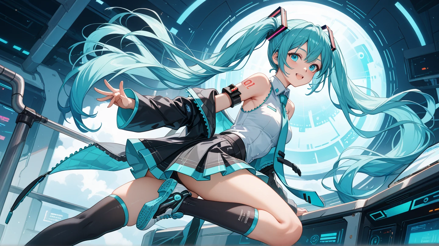 (highest quality, masterpiece, High resolution, super detailed, fine skin, complicated eyes, perfect anatomy:1.2), (hatsune miku:1.5), (cute face, low length:1.6), break (grin, open your mouth, Sweat, glowing skin, null, to the city, Airplane flies, skirt lifted by the wind:1.5), (dynamic pose:1.9), break (Pure white blouse with blue edges, pure white sleeveless clothes with blue edges, solid white color), break (black separate sleeves, black removable sleeves) break (black pleated skirt, The hem of the skirt is blue), break (fully exposed panties, blue striped panties, complicated panties:1.4), break (black thigh high boots:1.2) break (flat chest:1.2), (plump body:1.5), (thick thighs:1.8)