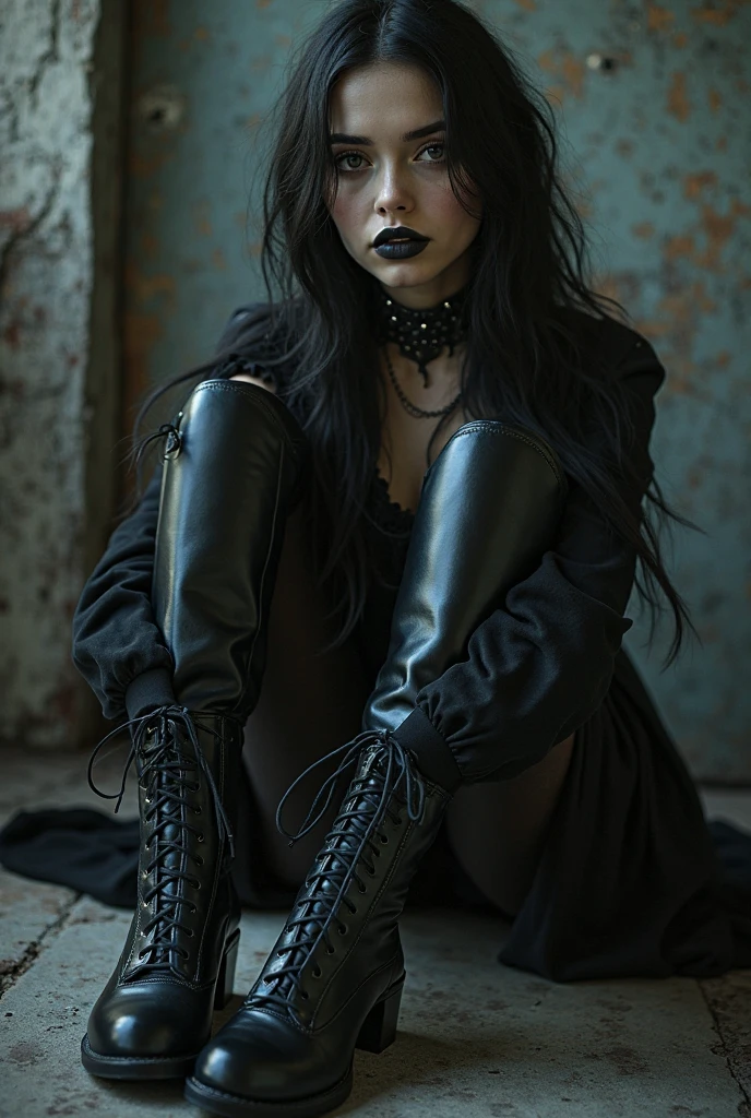 araffe dressed in black and grey sitting on the ground, goth girl aesthetic, goth aesthetic, goth girl, darkwave goth aesthetic, 1 7 - year - old goth girl, gothic horror vibes, goth style, gothic aesthetic, 1 7 - year - old anime goth girl, goth vibe, ominous gothic aesthetic, gothic girl, goth woman, mall goth, gothic style