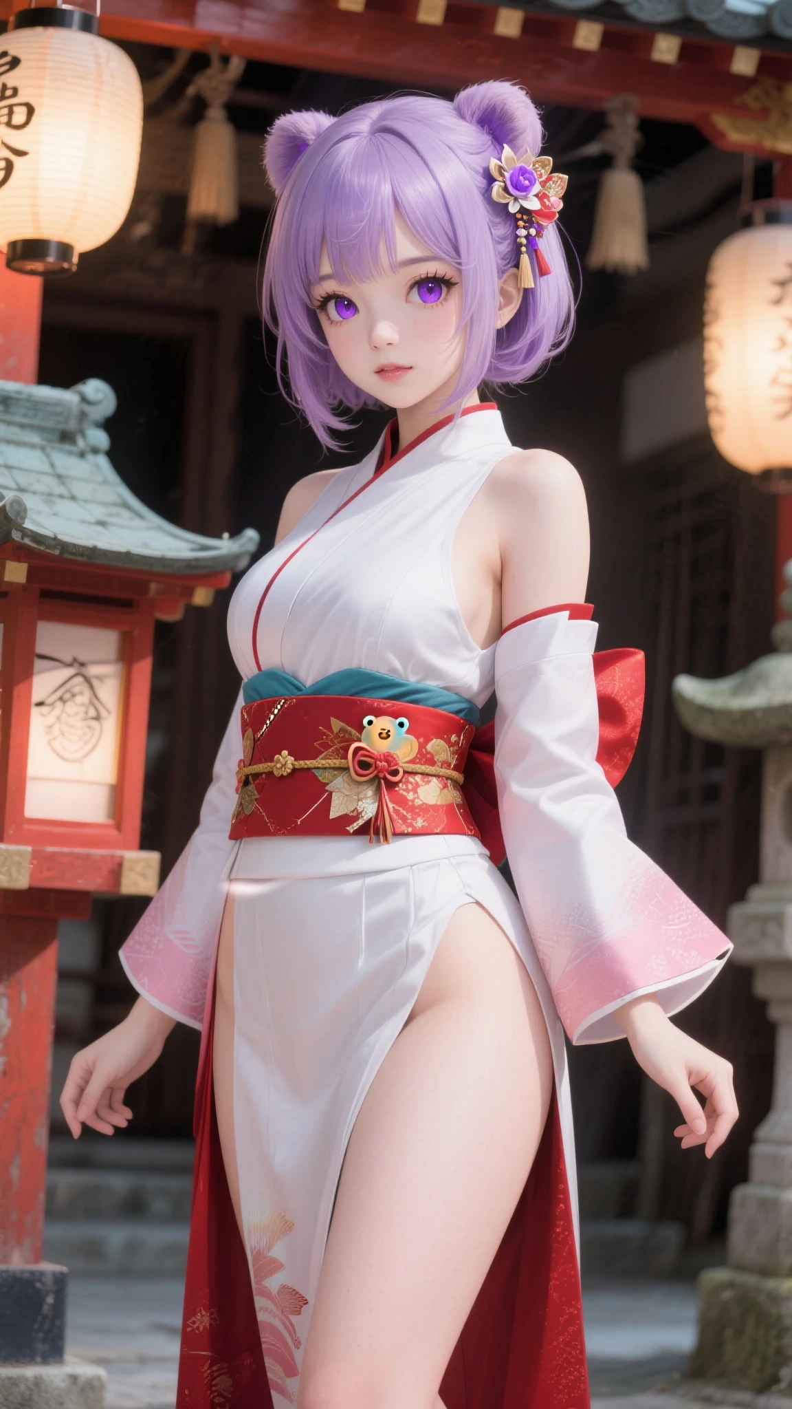 (Masterpiece, Best Quality, Very detailed CG, intricate details: 1.2), 8k wallpaper, Masterpiece, Best Quality, With limited reward, hiquality, super detaill, high detail, Textured skin, Cute, UHD, anatomically correct, Pixar Style, (Cute red panda in doctor's robe: 1.2), medical doctor, Happy sweet smile. fairytale, Bright colors, natural light, facial focus, Simple background, (Best Quality:1.4), hight resolution, Masterpiece,, 1girl,, light purple hair, violet eyes, (Kemomimi), Average Breasts,, Naked slim thigh,, hair ornament, (Red|White Japanese Miko Clothing), detached sleeves,, blusher,, lantern, shrine,, Detailed Face,