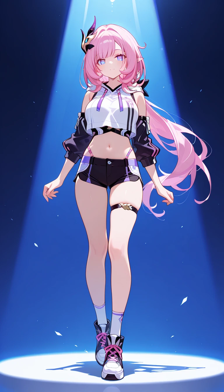 (masterpiece, best quality, 1girl, solo, intricate details, chromatic aberration), realistic, ((medium breath)),long hair, pink hair, red head ornament, pink highlights, hair over one eye,purple eyes, earrings, sharp eyes, choker, neon shirt, open jacket, crop top, (symmetry eyes),(perfect symmetrical body),against wall, brick wall, graffiti, dim lighting, alley ,look at viewer, woman at a gym, cute, front Pose, fitness girl, standing, erect Pose, symetrical, fitness model, skinny, Red sneakers, best qualityer, relaxed arms, hands down, ankle, fullbody view, stand straight with your back upright. Keep your shoulders back and maintain a straight line from your head to your feet, symmetrical frontal view, face aligned, 