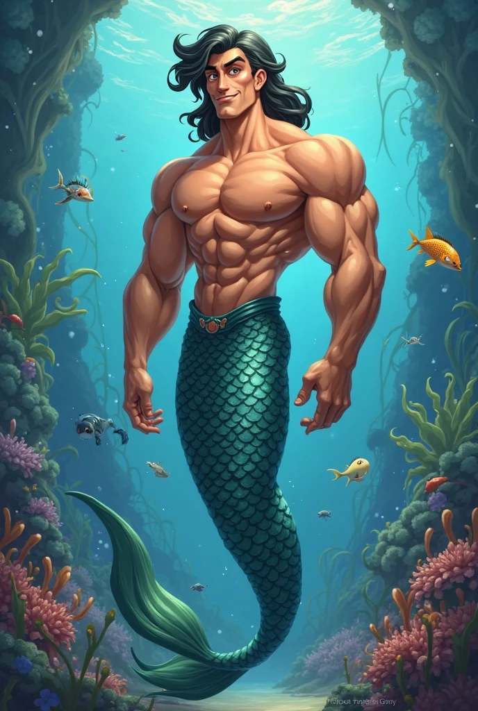 handsome man, on an obsidian beach with water covering lower body. Top view , expression of ecstasy, fish scale skin, mermaid skin, (black fish scale skin:1.5), mermaid man with fish scales skin