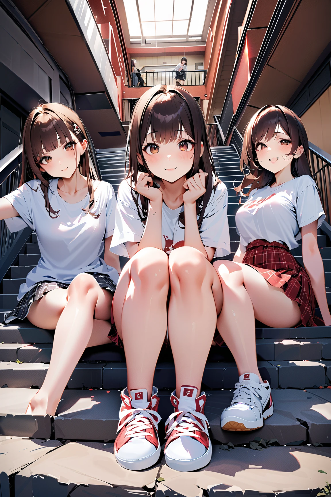 Four happy girls were sitting on the stone steps, take a full body photo、laugh happily、she was wearing a short sweatshirt, Vans sneakers, Red checked skirt、white sneakers, black hair, detached house, flowers,Happy girl with round face, Big eyes, long eyelashes, full body display、detailed private parts、Hairless、detailed female genitalia、spread legs、from directly below、I can see white panties