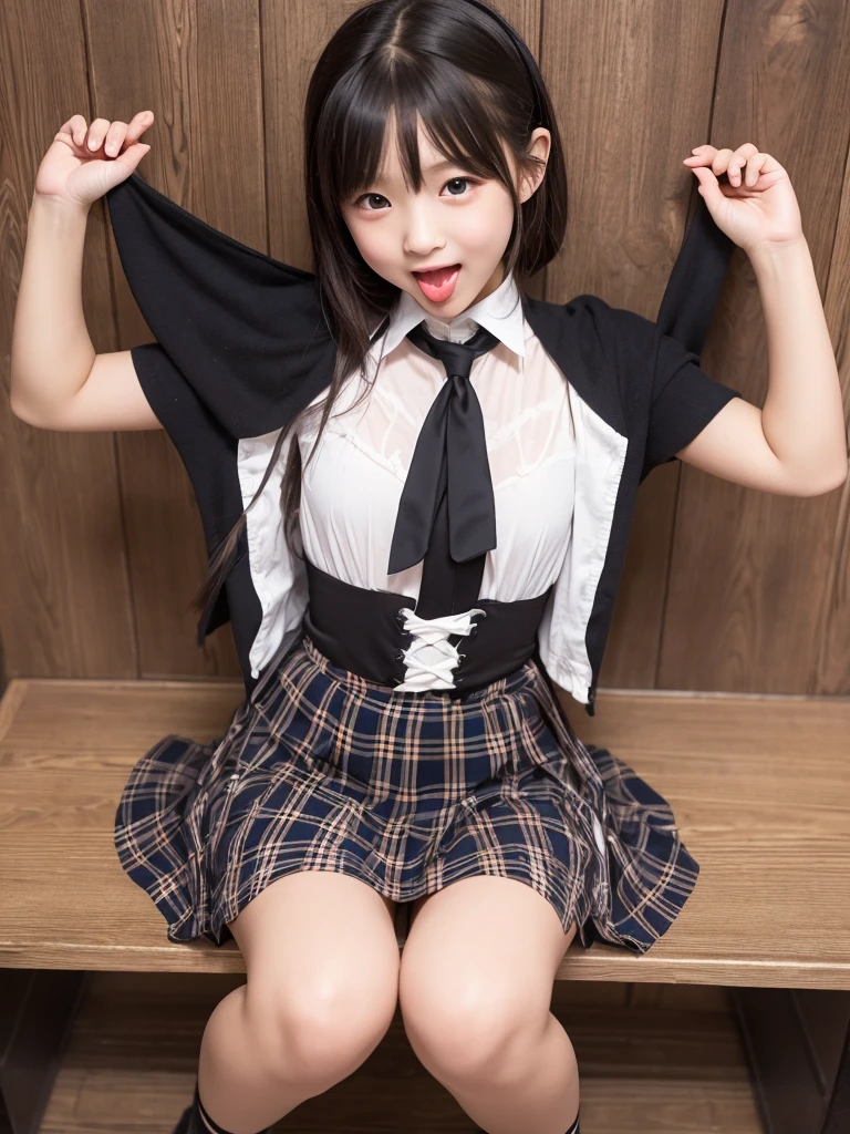 ((highest quality、8k、masterpiece:1.3)),((((fullbody shot)))),Ultra-high resolution,big eyes,Japanese,bangs,(a girl),(1 girl),((20 years old)),((facing at viewer)),((looking at viewer)),(long hair),(((black sailor uniform))),grin,((sitting on chair)),(pleated mini skirt),(((pussy))),((pubic hair)),((skirt lift)),((short crew socks)),(((platform shoes))),((from above))