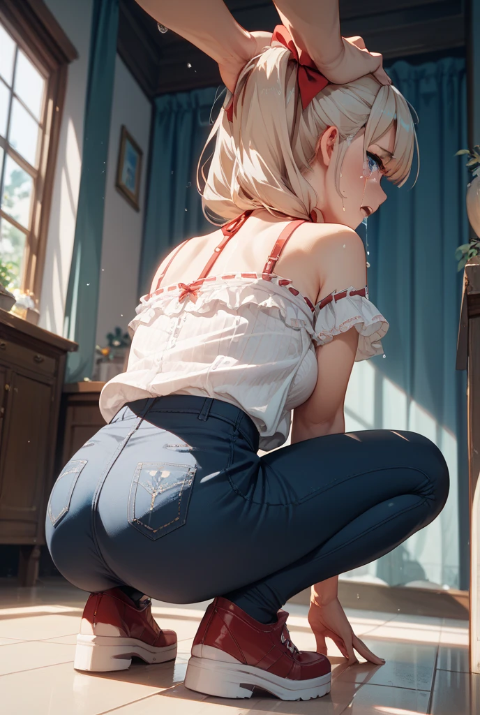 obra maestra, mejor calidad, high resolution, pixel perfect, profundidad de campo, 1 chica, Soltero, solo, hermosa chica anime, Beautiful artistic style, (cara detallada), (Rubor), estilo anime cg, (pechos medianos), buena iluminacion, Cuerpo perfecto, labios entreabiertos, (sakura kinomoto), labios brillantes, escote, animador, falda corta, Ropa interior de Encaje, muslos altos, (pose de pared de gloria:1.4), (imagen en un marco), (enfoque culo:1.2), (muslos flacos)
