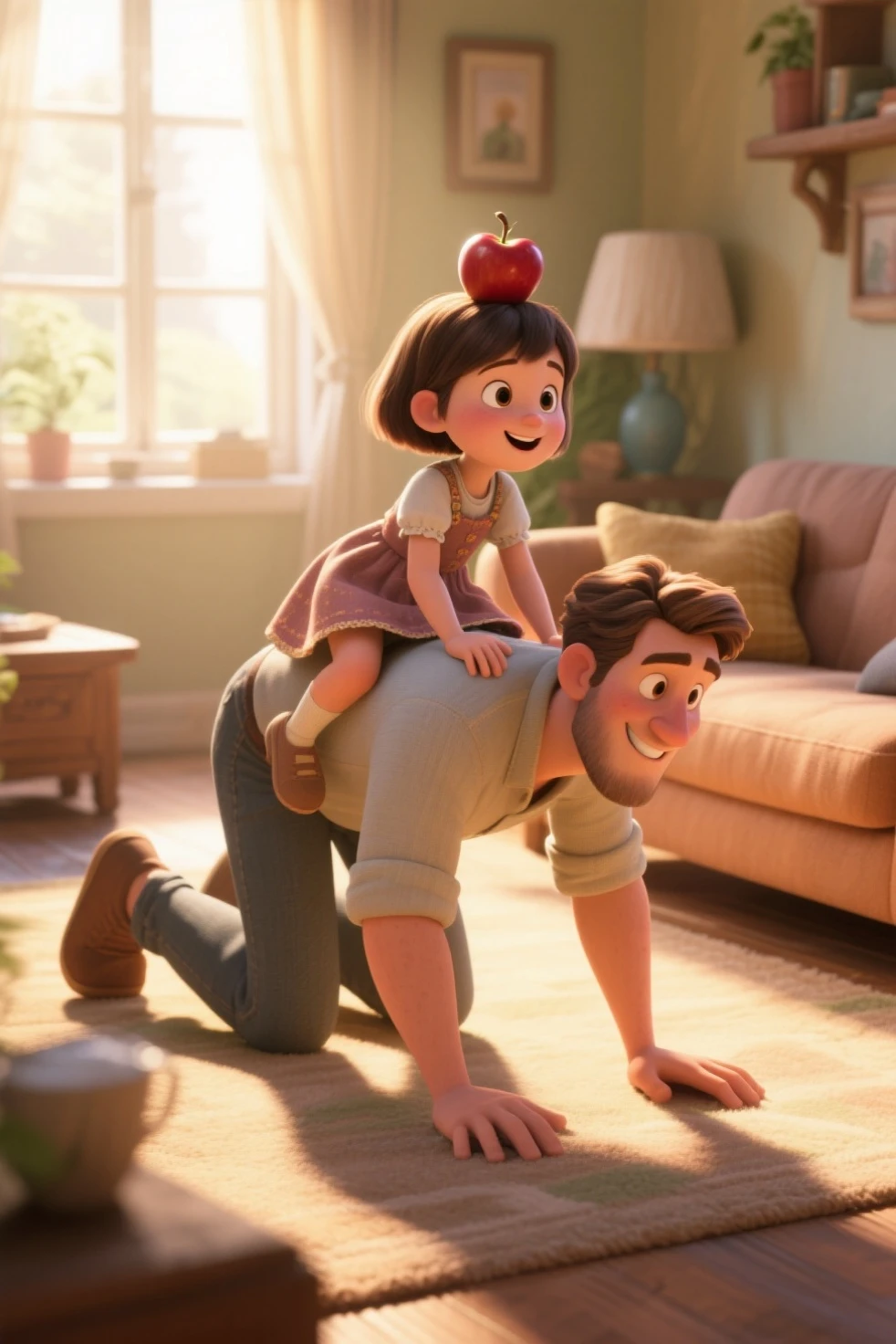 A man is crawling on all fours in the living room. his  daughter is having fun riding on his back. My  daughter is riding like a toy horse on his back, I'm still happy to be a dad with her short hair tied up like an apple I'm playing like a horse on my back. A  daughter on his back, I'm happy to play with her in the living room like this. A in the living room, Right now at this moment, has a relaxed expression because she feels happy in her family. Warm sunlight comes into the living room through the window/.. A warm and happy family. A fairytale-like scene with warm animated pictures