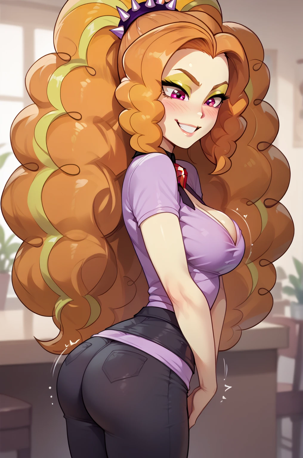 1boy,femboy,tall, very long Orange hair,long curls,elbow length Orange curls hair,tanned skin,6'2" inch tall,green eyes, feminine face, makeup,prominent lips, feminine body,round butt, sexy, smile,confident,pink crop top,Spandex shorts, highly detailed, pantyhose, thong,looking to camera, standing, luxurious room,sexy pose,Big dick,Big bulge,longer curly hair, red and white shorts,Big manhood, bigger dick,bigger cock,bigger balls,detailed face, detailed hair,detailed crotch,4K, Masterpiece, absurdres,hi res,detailed skin, Big erect Cock under shorts, tigth shorts, aroused,both arms on hips,longer hair,bigger balls,bigger cock, thick Cock, large balls,Cock under shorts, Cock strains against his shorts,Cock almost spills out of shorts,add a woman in Office clothes,1girl