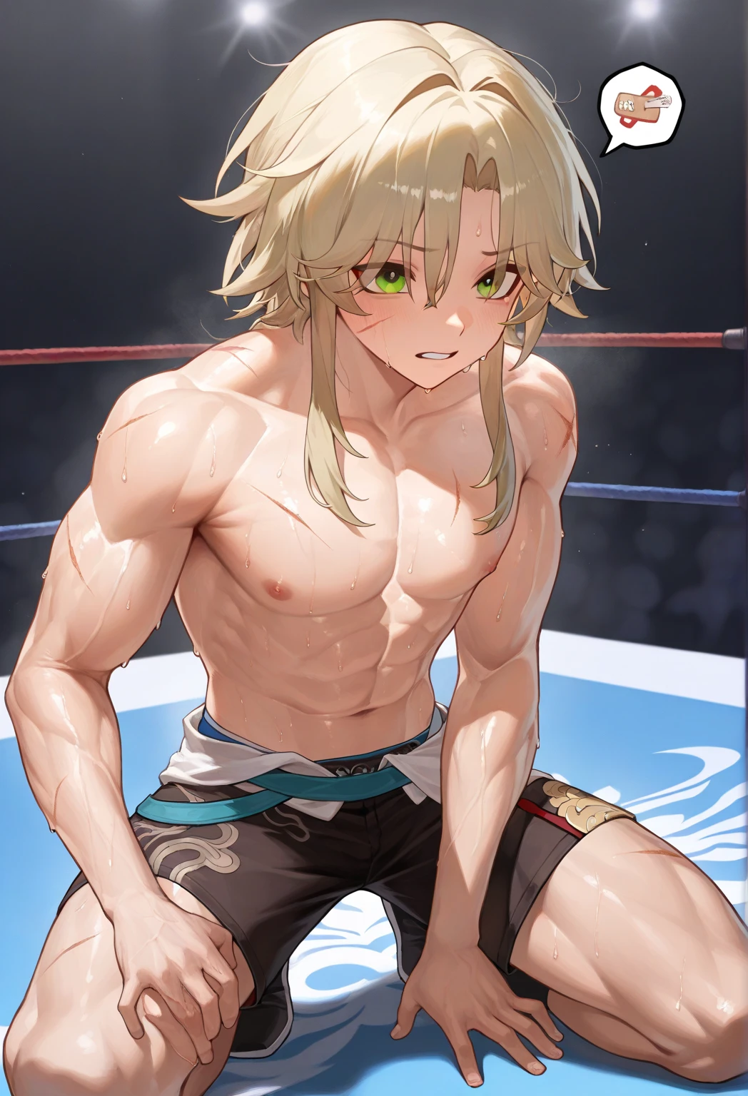Anime boy in black leotard sitting on floor, Anime boy in white tights sitting on the floor, Anime boy with blonde tied hair sitting on the floor, Strongest Pose, elegant floating pose, wearing leotard, dramatic floating pose, anime pose, Beautiful Boys, Muscular men, relaxed poses, Cool pose, Leotard, Thin shoulder straps, strong pose, doing an elegant pose, pretty face with arms and legs, fully body pose, neutral pose, Poses variadas