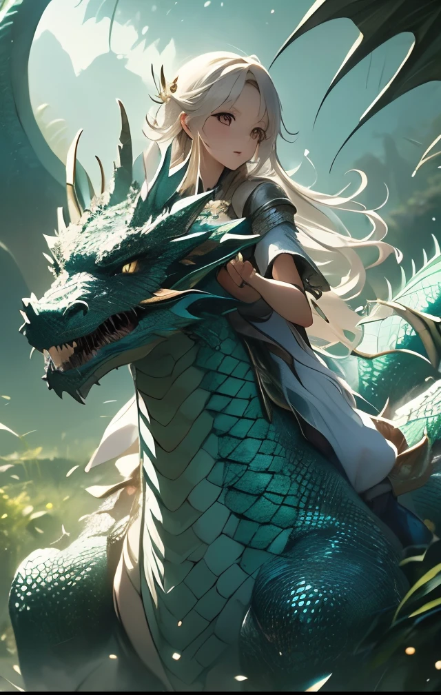 work of art, best qualityer, ultra epic details, White hair, white eyelashes,gray eyes, greatsword, surrounded by a big ass.prido green chinese mythological dragon