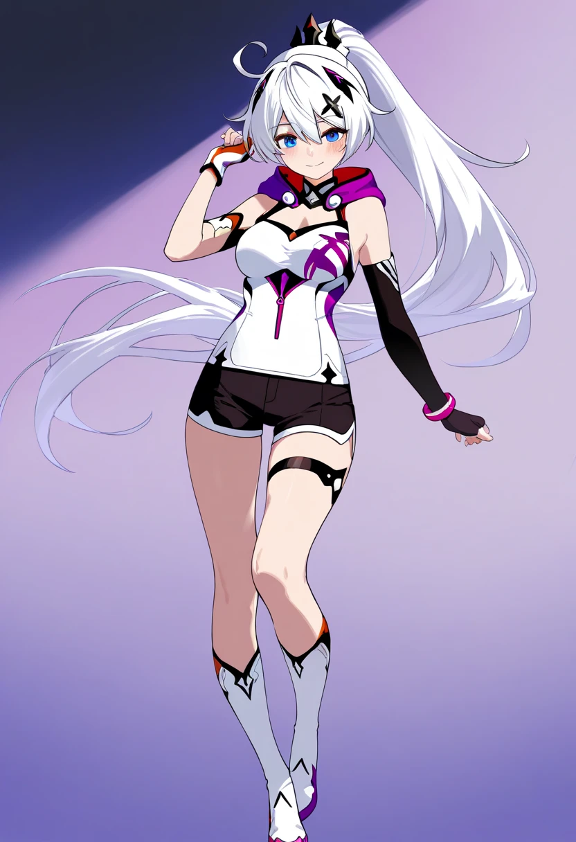 Long white hair，light blue  eyes，perfect body figure，Below are white tights，Open waist，Put on headphones with pink neon lights，the shy，stooped