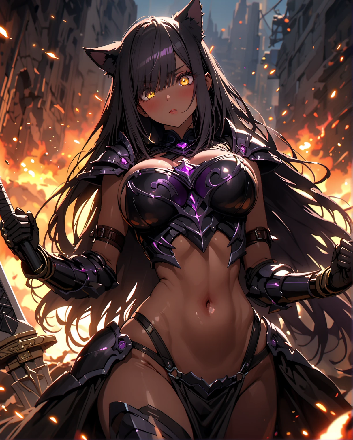 (masterpiece, best quality, detailed), 1girl, solo, looking at viewer, mirabell, dark skin, hair ornament, ponytail,
<lora:CosmicEldritchTech-20:1>, eldritchtech, cosmic, dark energy, wraith, glowing eyes, torn clothes, outdoors, mountain, castle, fantasy, scenery, sky, dutch angle, contrapposto, evil smile, smile, open mouth, teeth