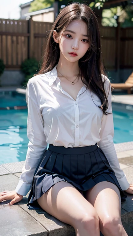 ((beautiful anime eyes with fine detail)), realistic skin, (intricate details), best lighting, depth field, ((ultra high resolution, high res)), {highres}, {{very fine 8KCG wallpapers}}, {{very precise detailed}}, ((((masterpiece)))),Korean school uniform、summer uniform shirt、Tight fitting shirts、Ribbon Ties、skirt by the、schools, No bra, No panties, semilong hair(main color black, innner color red), (blushed embarrassed face), big breast, curvy thighs,outdoor, in a pristine beach in Bali,poolside, cowboy shot, shoot from below1.5,
