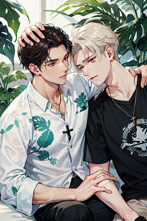 Boy shoulder length hair in layers, eyebrow hair, low star t-shirt, flower arm tattoo, with a chain and a pearl necklace