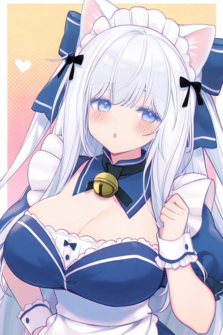 ((Highest quality, 8k, masterpiece :1.3)), One person,Long Hair, Ahoge, Grey Hair, Shortcuts, blue eyes, smile, Close your mouth, Cowbell, Holstein,Cow ear, Clasp your hands in front of your chest.,Huge breasts