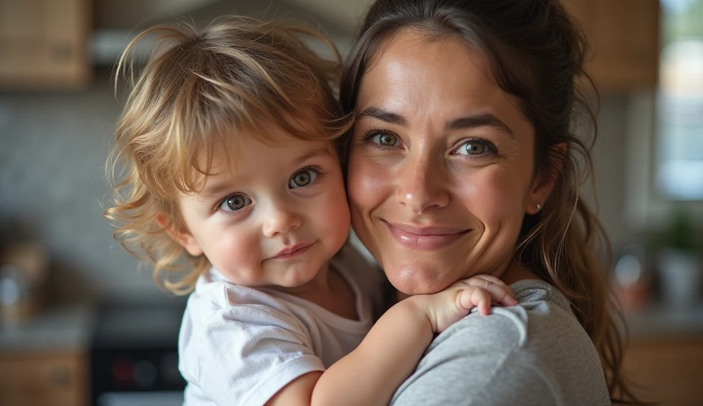 A Brazilian woman in her home taking photos, she has her precious son in her hands,she is wearing a lilac dress and her hair is over her face, your eyes are clear and intimidating, She is very happy