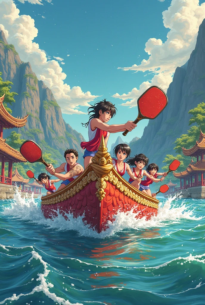 Dragon Boat Festival, Dragon boat rowing race, A group of children on board, smiley, happy, Joy, Laughter, Face Detail, black hair, Yellow skin, healthy, The sunshine, blue sky, Colorful auspicious clouds, river, valley, Oars, boating, effort, sprint, velocity, crowd, whoop, cheer, Shout at the top of one's lungs, upperl body, boats, multiple views, negative space, anime style, textured skin, super detail, masterpiece, retina, best quality --auto --s2