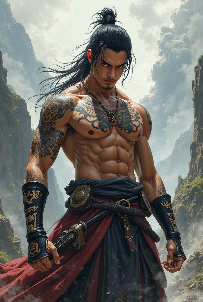 score_9, score_8_up, score_8, (((Single character image.))) (((1boy))) (((Dressed in medieval fantasy attire.))) (((This character is very sexy and dashing.)))(masterpiece, top quality, best quality, official art, beautiful and aesthetic:1.2), (1man), extreme detailed,(fractal art:1.3),colorful,highest detailed Rated R, tattoos, hint of vibrant, bold huge text, matted design layout. , musculine, Muscle body, Hairy chest and hairy body, loincloth,This is a darkly attractive male fantasy character who seems like a villain. hyperrealistic art nouveau, chie yoshii, andrey remnev, by Yamagata Hiro, mucha klimt and tom bagshaw, inspired by J. C. Leyendecker, inspired by J.C. Leyendecker, inspired by James C. Christensen