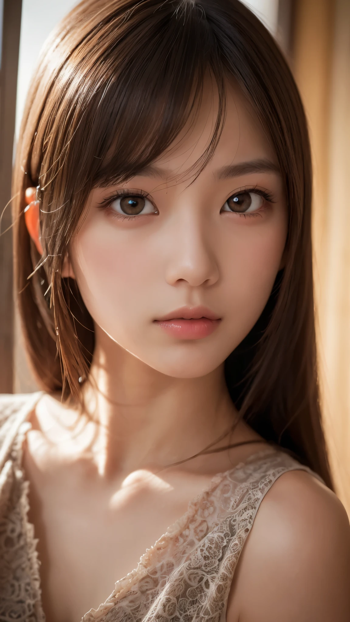 1 female, close up of face, Medium chest, light brown hair, dull bangs, hair behind the ear, shoulder hair, long hair, slender body shape, Extra-fine face, thin face, delicate lips, beautiful eyes, light blush, eyes are light brown, perfect shiny skin, perfect skin, Shining sweat,take a look here, ultra thin hands, extra thin fingers, Optimal ratio of 4 fingers and 1 thumb, (realistic:1.3), finger extension, see-through white blouse, The rotor is inside the vagina, ecstasy face, climax expression, View viewer, ((I can not stand it:1.5)), fujifilm, f/1.2, 8K, table top, nffsw, Super detailed, high quality, 最high quality, High resolution,