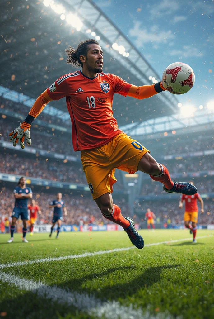 Muscular boy、soccer、Flames from the ball、Blue uniform、Big stadium、