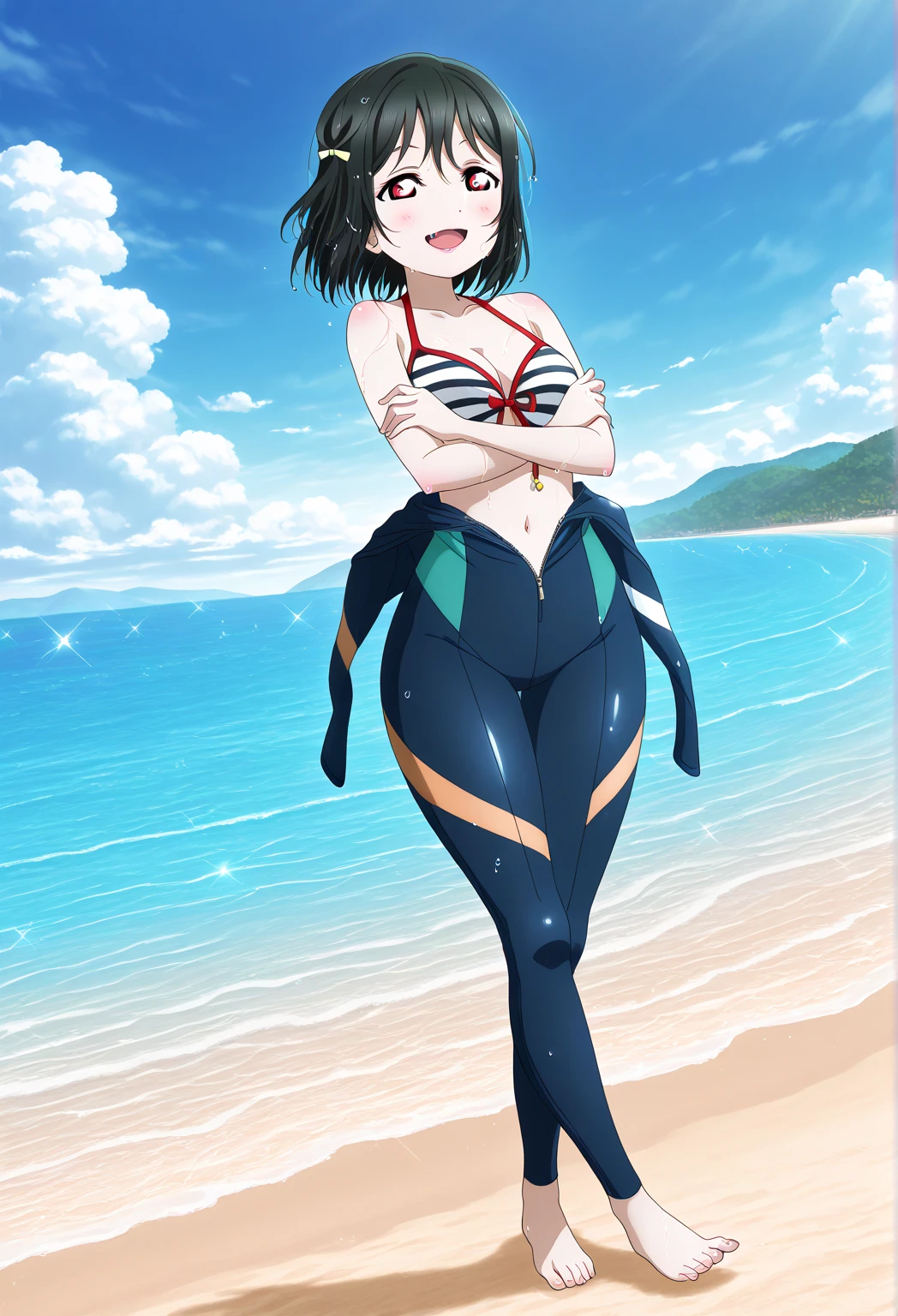 [anime styled]],[[digitalart]],nsfw,Tomomi_saikyou,black hair,Short hair,Hair Ribbon,swimming wear,sandy beach,summer,midium build,,NSFW,1girl in,short torso,anime screen cap,cel shading,smile, (strong light)、((brighten the subject)),pin-up girl pose