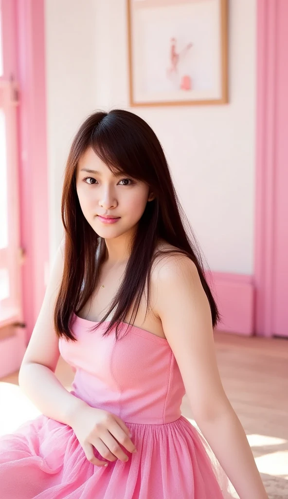 masterpiece, Highest quality, Realistic, Highly detailed CG integrates 8K, 8K,(Very beautiful face, Beautiful Lips, Beautiful Eyes), Exquisitely detailed face,1 Girl, Very beautiful girl,Exquisite eye makeup,Subtle eye detail,The best example of four fingers and one thumb,Toned figure,Nice and beautiful smile,明るいLong Hair,transparent, Quality hair,(masterpiece, Highest quality:1.2),alone,The eyes are exquisite and delicate,Brown Hair、Long Hair、Pink Lips,blue eyes,Big Breasts、Wavy Hair、((Race Queen,tights:1.0)))、Japanese、25-year-old female
