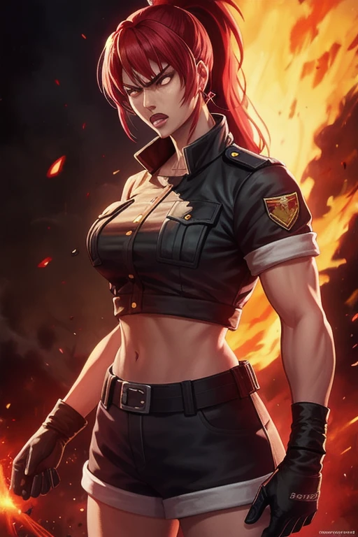mixed_artstyle, 1 girl, Alone, hands, Black Woman, braided hair, hair with red tips, Coat tied at the waist, Red shirt, Black leggings with flame print, red eyes, realistic, textures, 8K, perfect hand, perfect anatomy, visible curves,