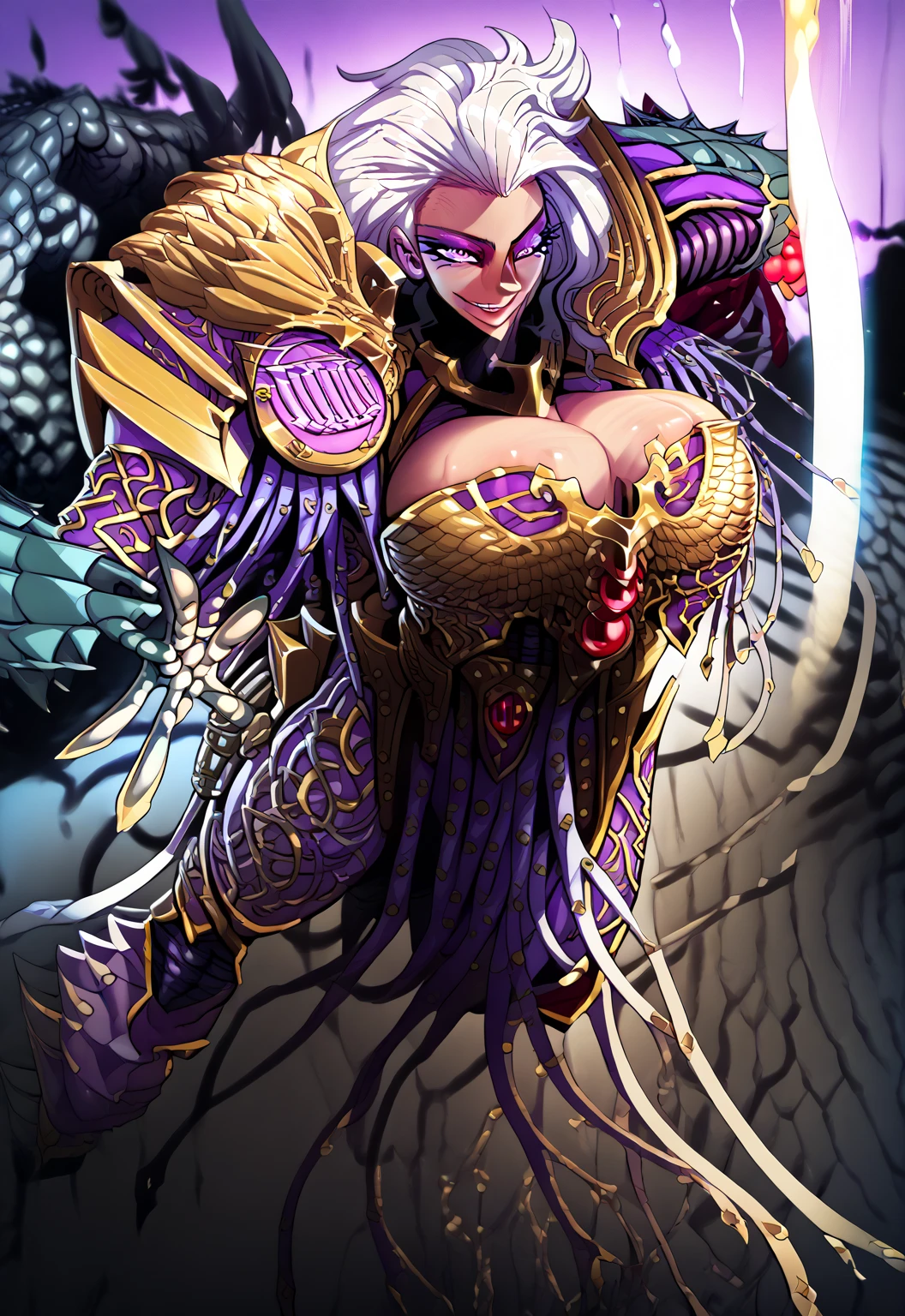 ((highest quality)),(ultra high resolution),(Super detailed),(detailed description),((best CG)),(best work of art),super precision art,great drawing art,(Fantasy art with precise details:1.5), (one female devil:1.6),beautiful and well-shaped face:1.5,evil smile:1.6,large twisted corner:1.5,big breasts:1.3,belly button:1.1,pale skin:1.6, Intricately detailed robe:1.6,Intricate and detailed embroidery:1.4, Pale flame:1.2,piled up skeletons:1.6