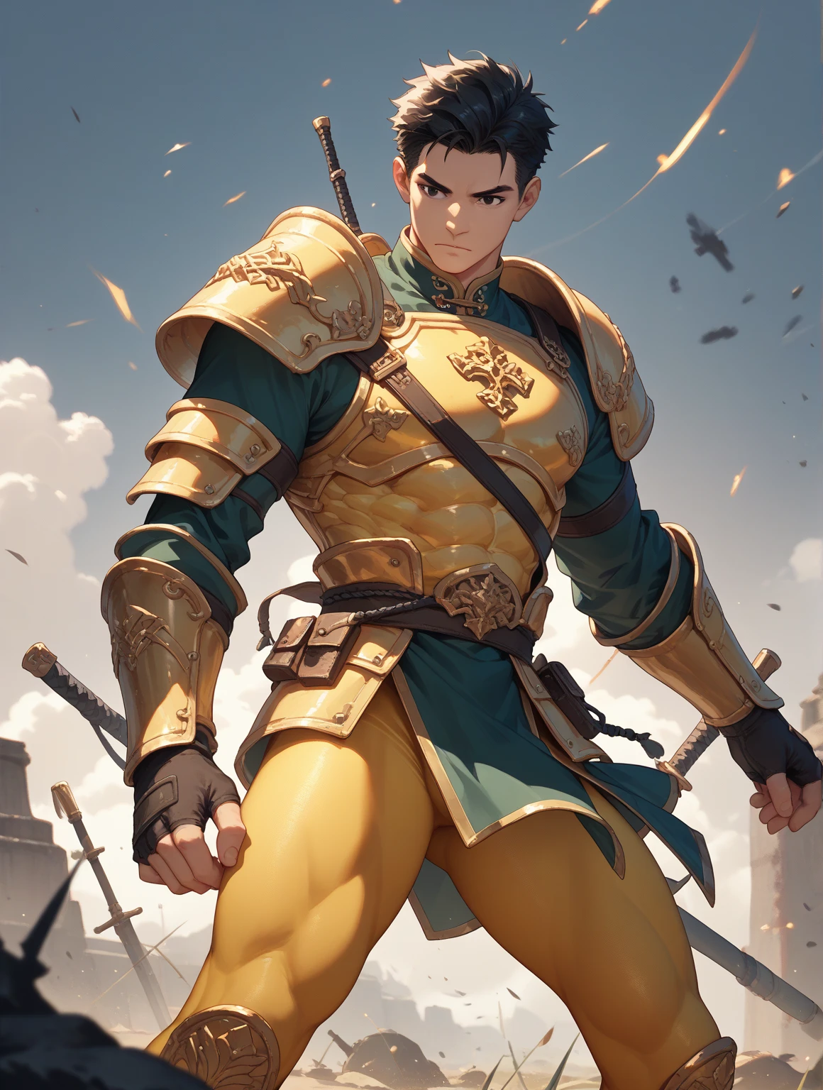 8K,Photorealsitic Raw photography top-quality;1.4) (1 Juvenile Attendant) super handsome boy (Lifelike face) Shonen Demon Slayer Black-haired mohawk Green and white exterior Green and white trousers Golden decoration Beautiful expression 超A high resolution A smile accurate detail real looking skin Equip a sword at the waist In sword and armor in a city setting by Jan J, Handsome Boy in Demon Slayer Art, G Liulian art style, chengwei pan on artstation, yangjun chen, Zhao Yun, Inspired by Zhang Senyao, by Leng Mei, by Victor Wang, xianxia hero, by Zhou Fang, by Yang Jin