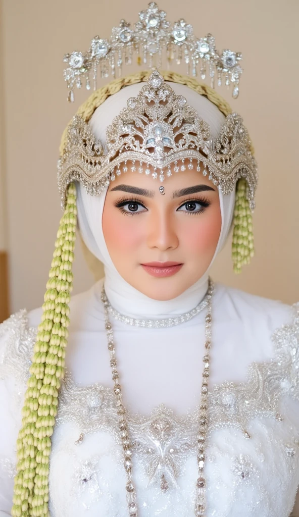 (masterpiece), ((best high quality:1.0), (ultra highres:1.0), detailed illustration, 8k, ((highest detailed)), ((ultra realistic)), soft lighting, ((realistic face, realistic skin)), ((super high resolution)), extreme detailed, ((HD picture)), ((indonesian old mother with hijab)), huge breasts, forward chest, busty body, tall, ((perfect beautiful face, thick lips, blush, Perfect round eyes, fat body)), ((sexy panganten sunda)), full body, ((wedding hall background)), ((sundese interior design))