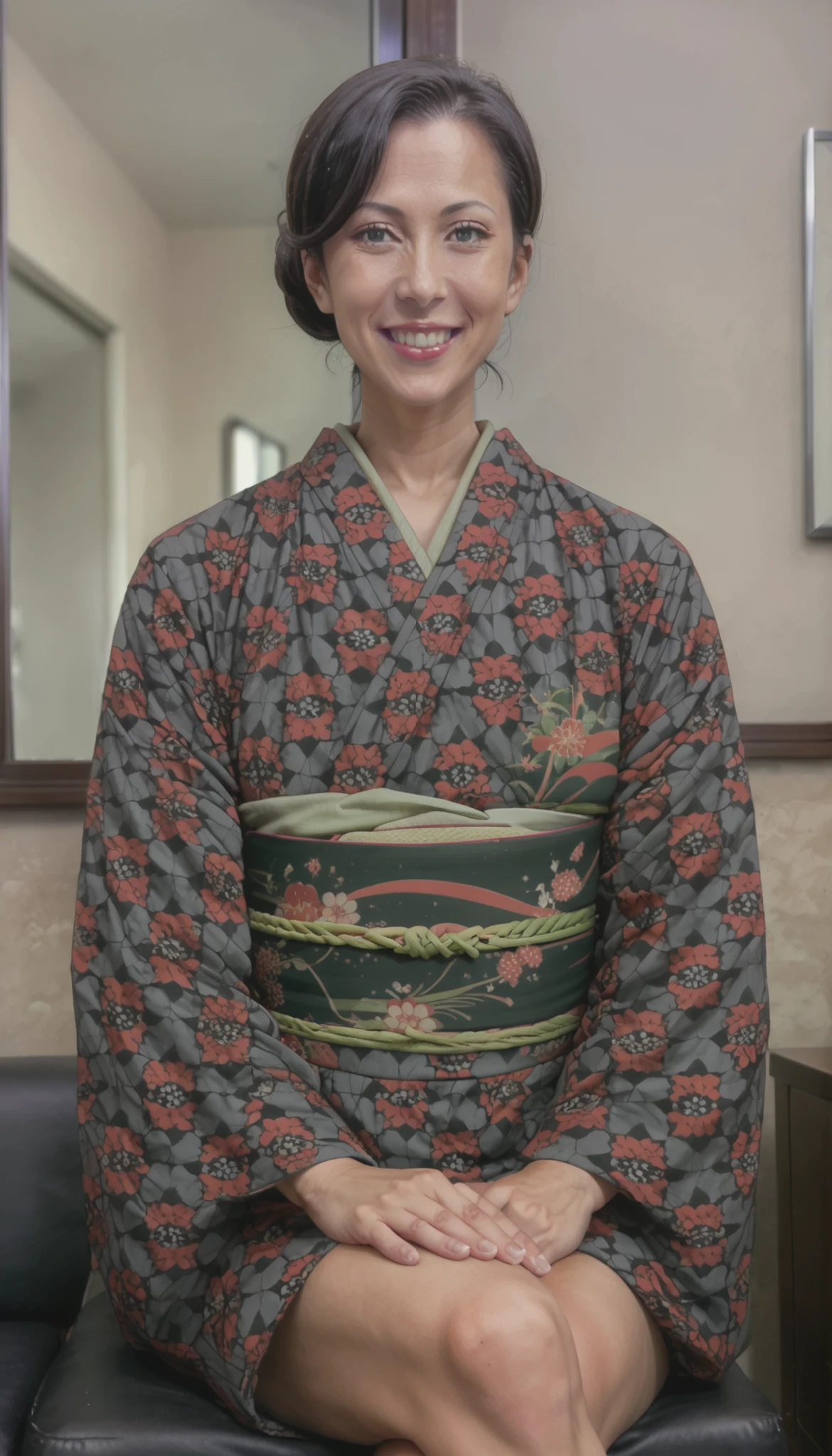 score_9, score_8_up, score_7_up, source_anime,
motheryukinoshita,
mother yukinoshita, short hair, blue eyes, black hair, hair bun, single hair bun, hair up,
japanese clothes, kimono, sash, makeup, obi, floral print, lipstick, black kimono,
indoors, smile, huge breasts, thick muscular thighs, wide curvy hips, sitting on chair, legs crossed, from below, dynamic angle
looking at viewer, dutch angle, solo,