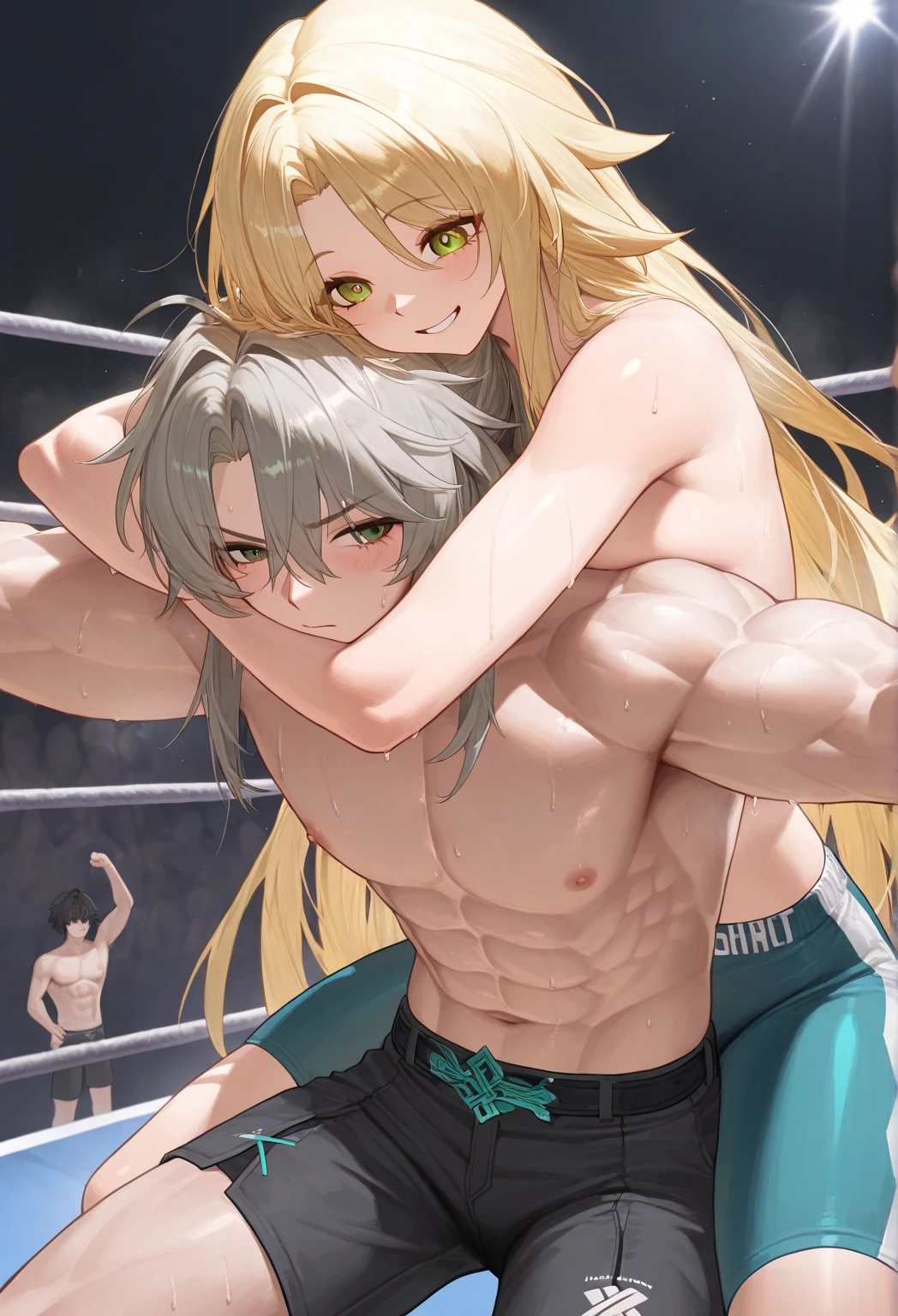 (masterpiece,best quality:1.3),(ultra-detailed,high resolution:1.2),(illustration),((an extremely delicate and beautiful)),(detailed background),(1muscular girl)and(1muscular boy,tall stature)),hetero,(1muscular girl:1.4),(long hair, french braid),straight hair, (blonde hair), light blue eyes, (huge breasts), pale skin,shiny skin, (rolling eyes:1.4),(ahegao),(trembling), erectile nipples, ((She wears pink sports bra,white leggings)), cum in pussy,(cum on clothes:1.4), cum on body,cum in mouth,cum on hair,excessive cum, (1muscular boy,tall stature:1.4),large penis, ((sex,sex from behind)), 1man hold head, ((((girl lying face down on wrestling ring)))),(wrestling ring),