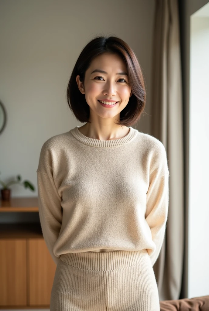 Masterpiece,Best quality, (maam. clerk:1), ((Portrait:1.3)), Cross arms, Large roomChest straight, Smile, Long white legs, skin hyper-detail, Cocked buttocks, No underwear, Beautiful young Japanese woman over 40 years old, (Detailed facial features),  Clean and nice face，