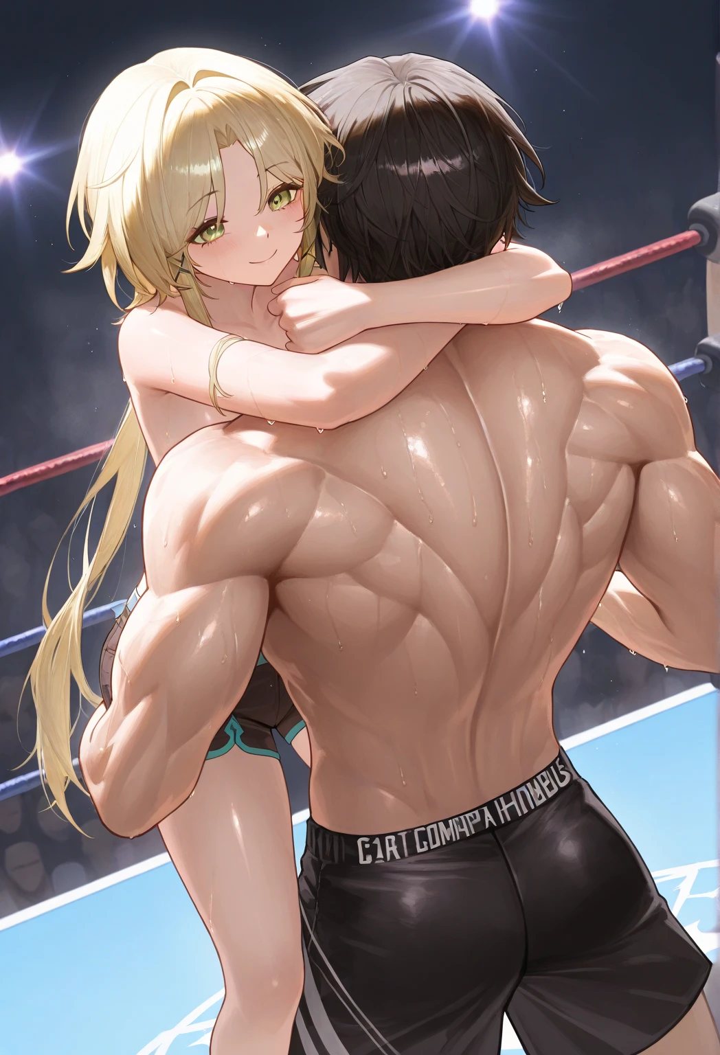 (masterpiece,best quality:1.3),(ultra-detailed,high resolution:1.2),(illustration),((an extremely delicate and beautiful)),(detailed background),((1girl,tall stature)and(1muscular boy,tall stature)),hetero,(1girl,tall stature:1.4),(curvy:1.4),(long hair, french braid),straight hair, (blonde hair), light blue eyes, (large breasts), pale skin,shiny skin, (rolling eyes:1.4),(ahegao),(trembling),((She wears choli)), cum in pussy,(cum on clothes:1.4), cum on body,cum in mouth,cum on hair,excessive cum, (1muscular boy,tall stature),smug,large penis, ((vaginal,sex)),(upright straddle,couple,face-to-face,kiss),(wrestling ring),