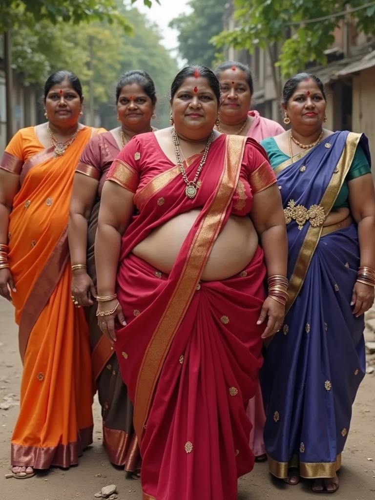 An elderly group of muscular Indian women with beards and moustaches, dressed in sarees
