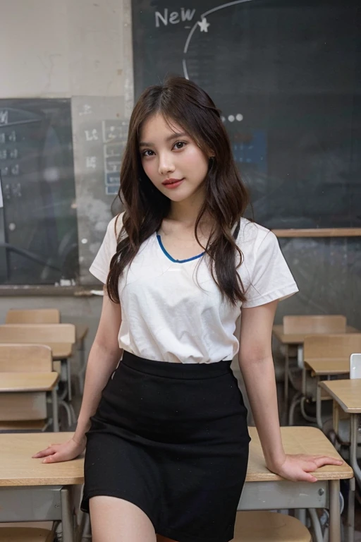 (1 young girl), (Highly detailed beautiful face), wonderful face and eyes, (best quality:1.4), (Super detailed), (Highly detailed CG unified 8k wallpaper), extremely detailed, High definition raw color photo, professional photography, realistic portrait, wonderful face and eyes, pink eyes, (High School Uniform, pleated mini skirt:1.3), (High school uniform with wide open chest:1.5), mini skirt, brown hair, (((18 year old high school girl:smile:showing teeth))), Depth of bounds written, School, classroom, (Crouching:1.2), (:1.5), (Photo seen from below:1.2),