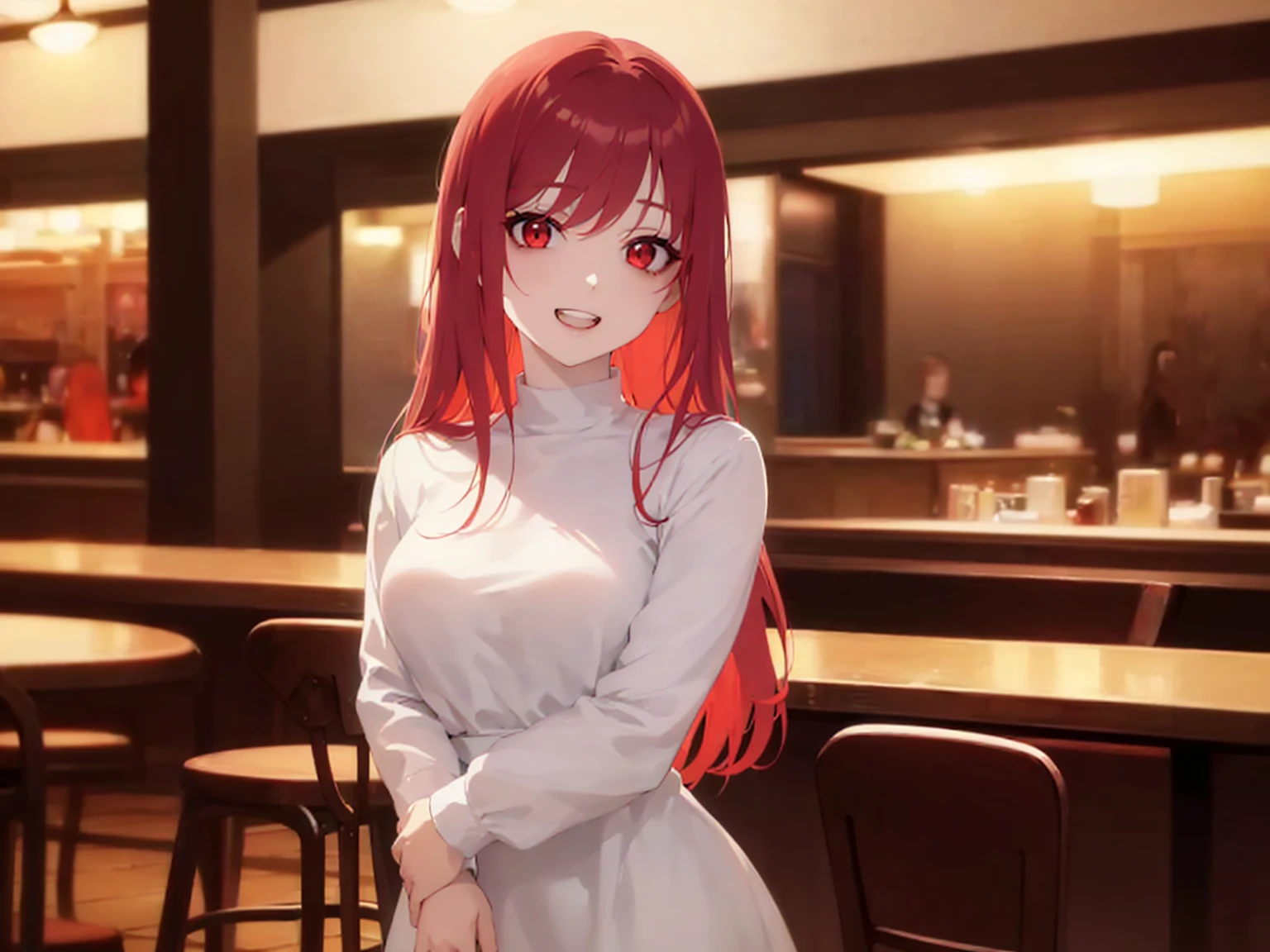 Realistic, real person, RAW photo, photorealistic, portrait photography, shiny skin, 25-year-old woman、(Medium Hair) and (red hair) and (red eyes), (white) and (off shoulder blouse)、smile, blush, The background is the interior of a restaurant at night.、Alone