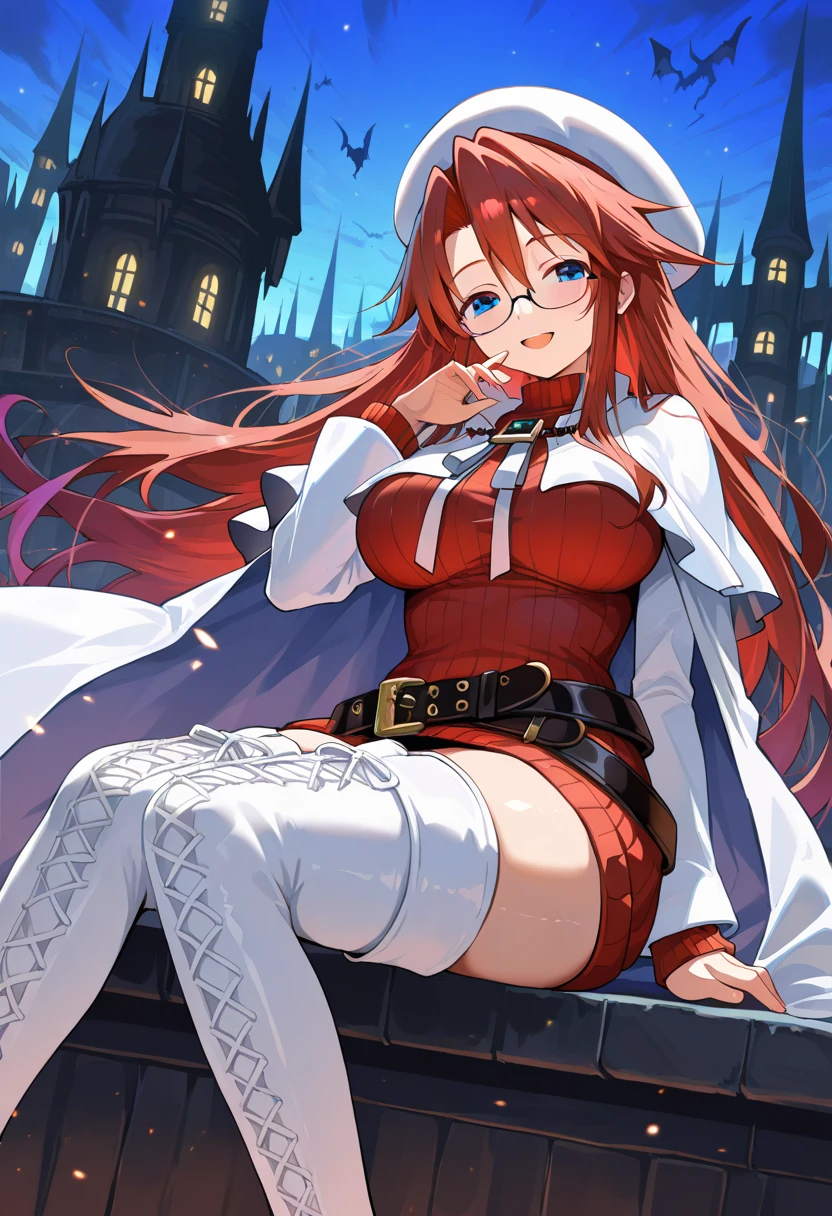 summonnightaty, aty, long hair, blue eyes, red hair, beret, hat, glasses,
BREAK long hair, thighhighs, hat, dress, boots, glasses, belt, cape, sweater, zettai ryouiki, beret, thigh boots, white footwear, ribbed sweater, loose belt,,
BREAK outdoors, fantasy_city,
BREAK (masterpiece:1.2), best quality, high resolution, unity 8k wallpaper, (illustration:0.8), (beautiful detailed eyes:1.6), extremely detailed face, perfect lighting, extremely detailed CG, (perfect hands, perfect anatomy),(covered_nipples:1.3),covered_navel,light_smile,dynamic_posing,(half_eyes:1.2),light_open_mouth,sword,sitting,