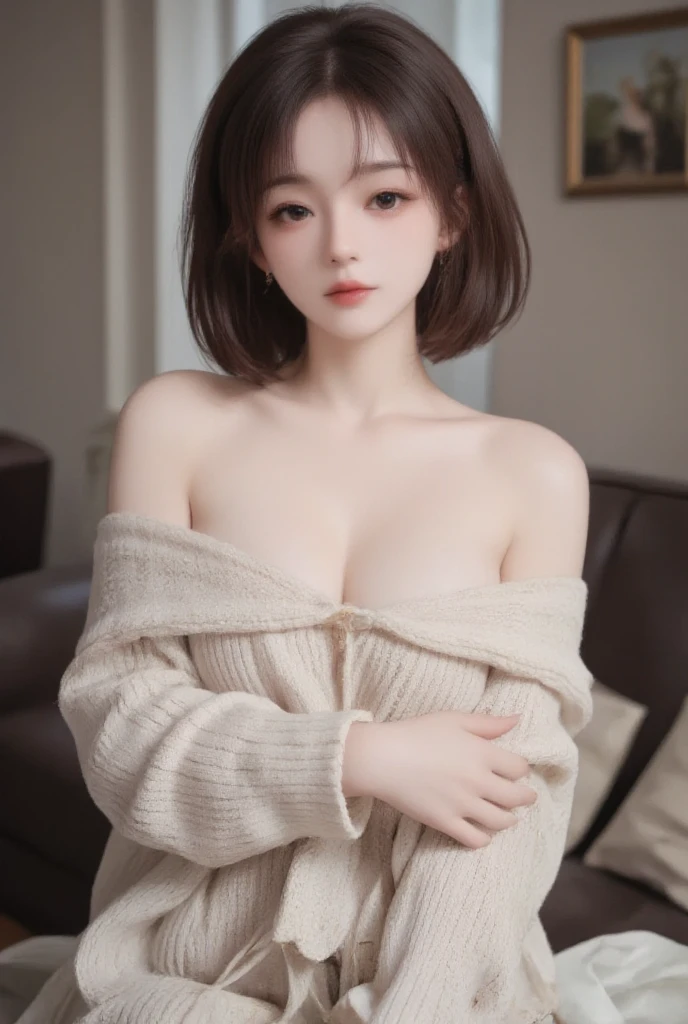 (masuter piece:1.3)、(8k、Photorealsitic、RAW Photography、top-quality: 1.4)、(1girl)、beautiful countenance、(lifelike face)、(A dark-haired、short-hair:1.3)、Beautiful hairstyle、realisticeyes、Beautiful details、(real looking skin)、Beautiful skins、(Sweaters)、absurderes、enticing、超A high resolution、A hyper-realistic、high-detail、the golden ratio、(((fullnude)))、